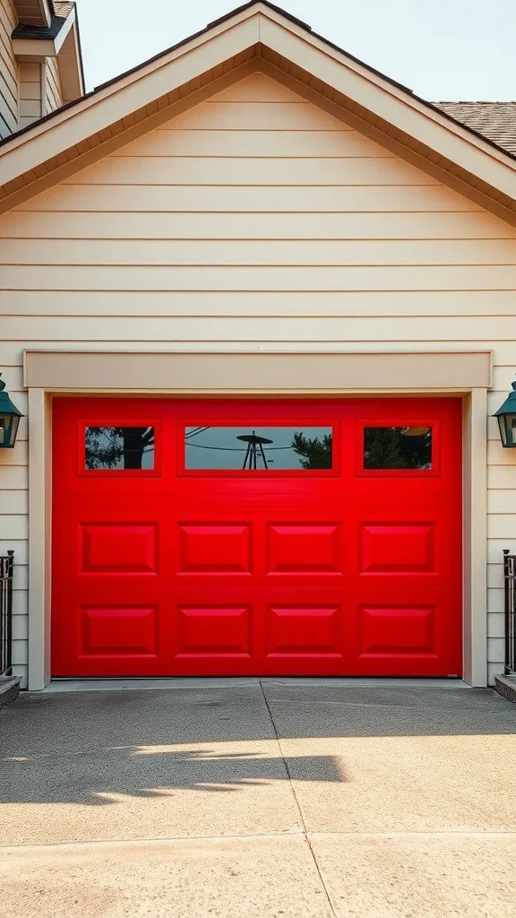 Bright red garage door with clear windows against a neutral house exterior