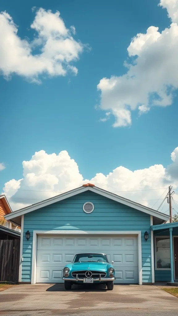 A charming garage with a breezy sky blue exterior and a vintage car parked in front, set against a clear blue sky with fluffy white clouds.