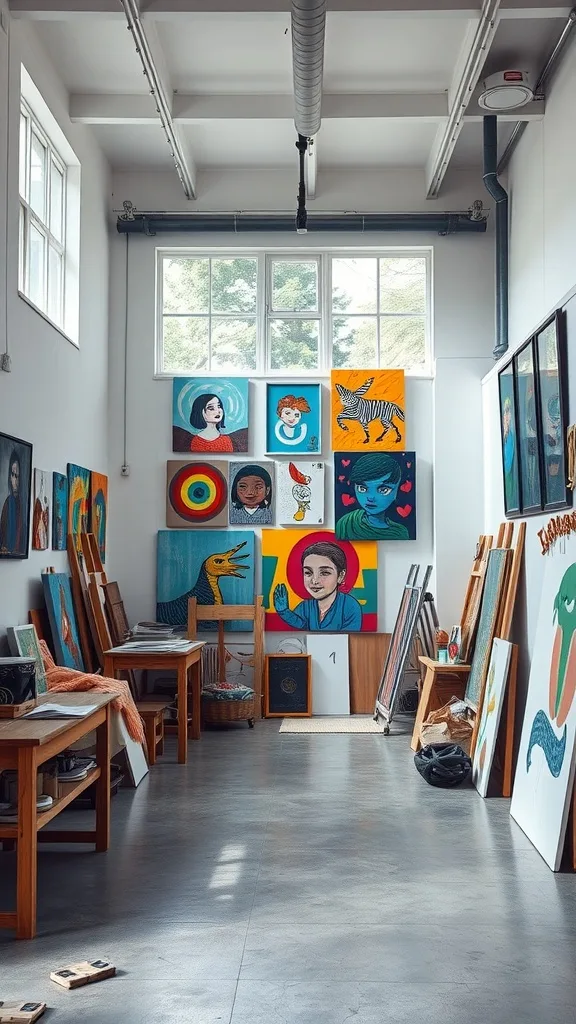 Bright and airy art studio with vibrant paintings and large windows