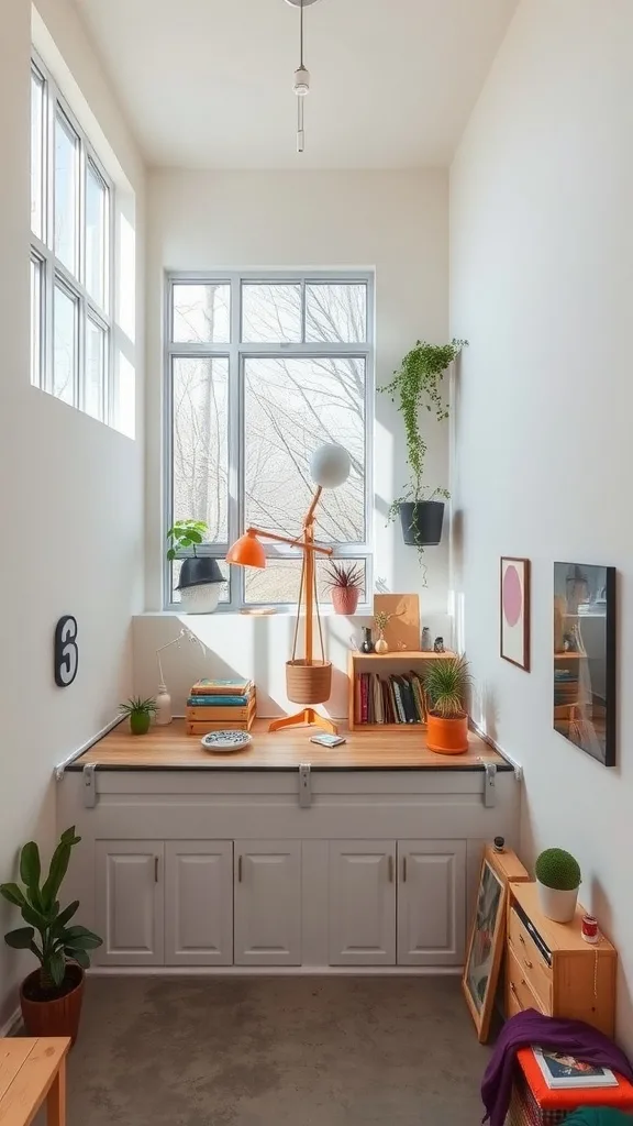 Bright and airy studio with large windows, a wooden countertop workspace, and plants