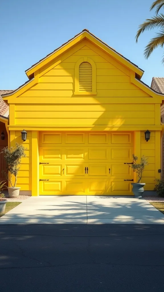 A bright lemon yellow garage with two windows and a driveway