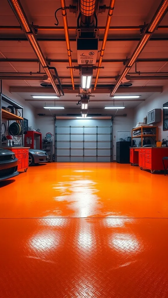 A garage with bright orange epoxy flooring reflecting light, creating a vibrant atmosphere.