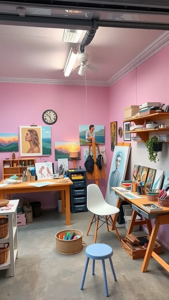 Art studio with pastel pink walls, wooden easels, and organized storage displaying various artworks.