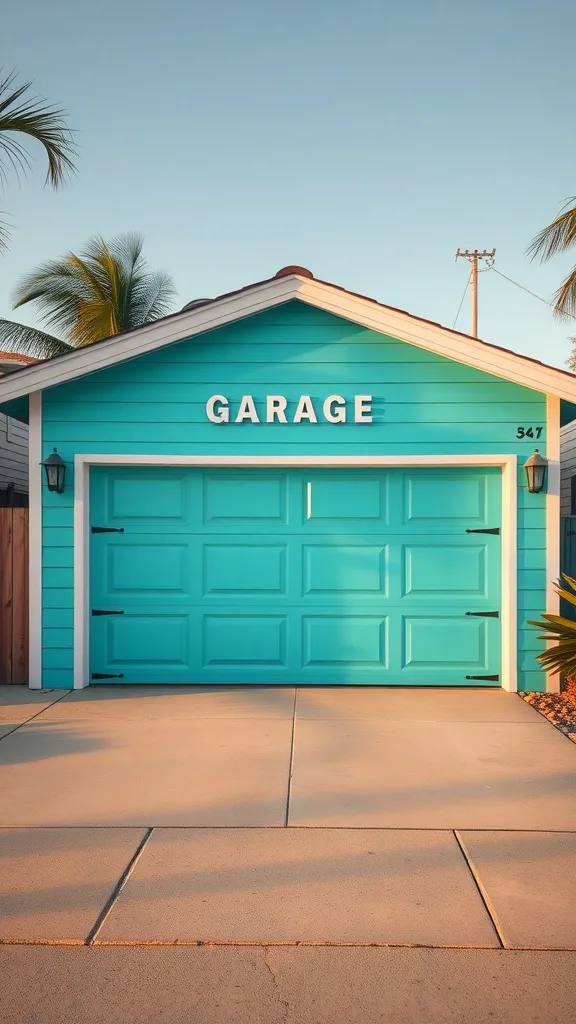 Bright turquoise garage with white trim and clear sky.