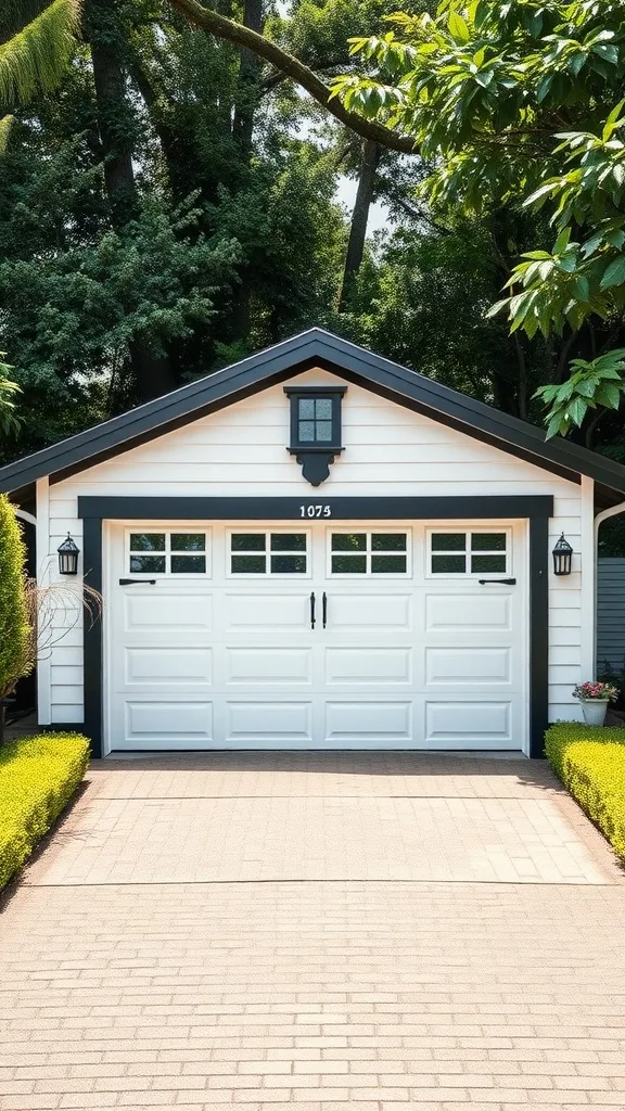 Bright white garage with black accents, surrounded by green landscaping