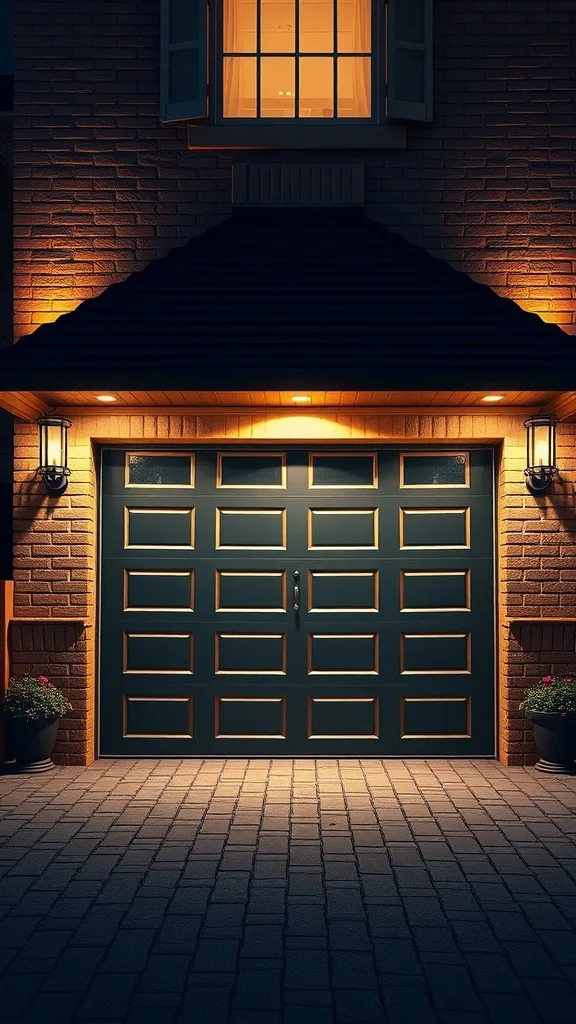 Brightly lit garage door with warm lighting and potted plants