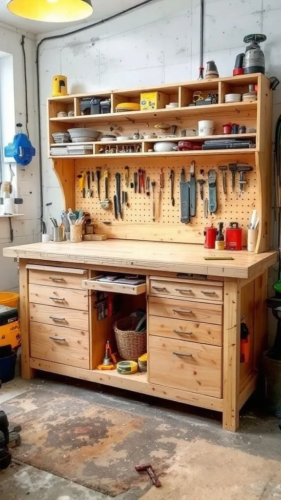 A wooden workbench with built-in storage in a garage