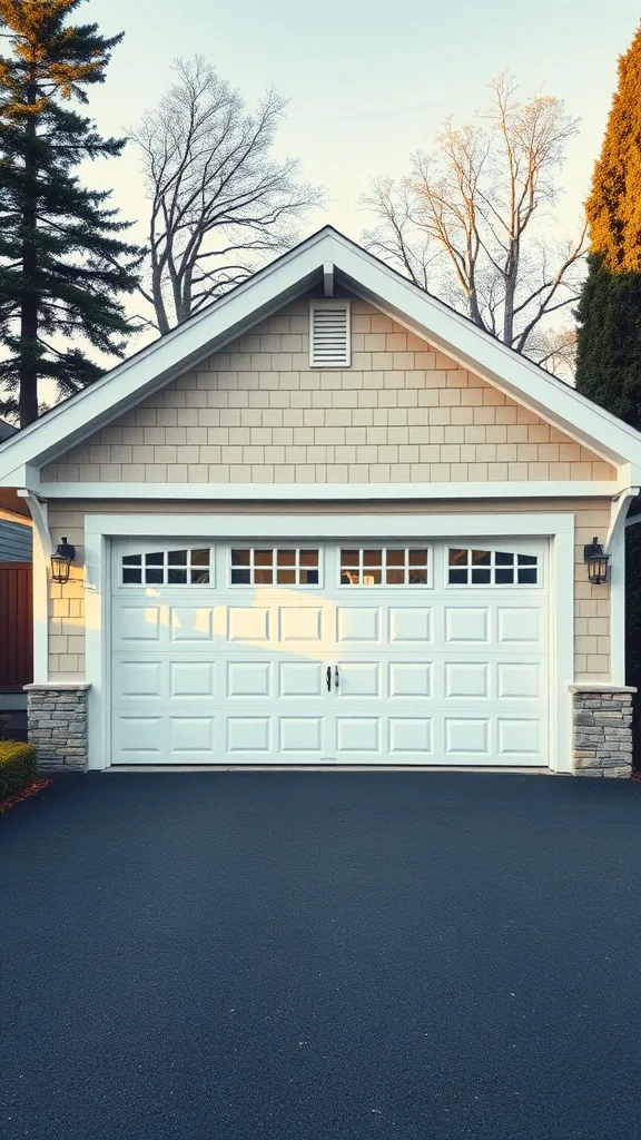 Bungalow garage with shingle siding and a stone base, featuring a decorative garage door with windows.