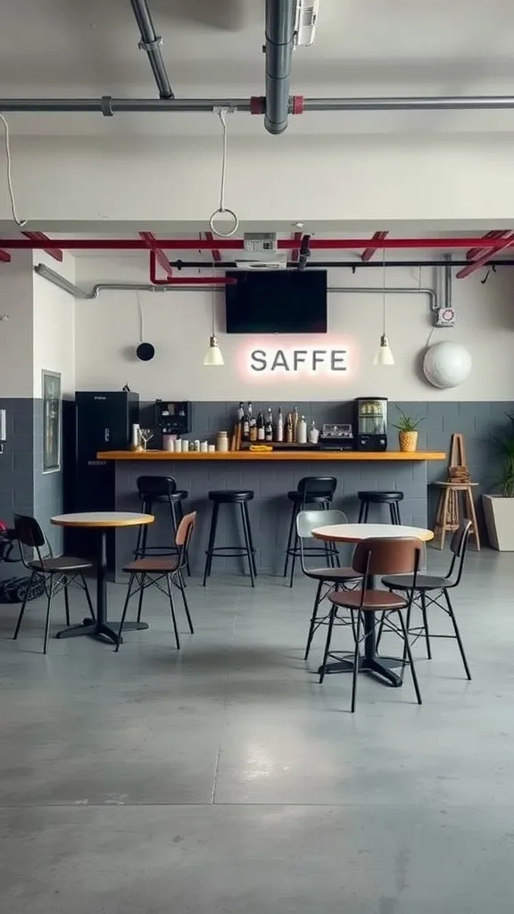 A modern café-style bar setup in a garage with a wooden bar, dark stools, and tables.