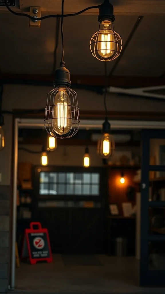 Cage-style vintage bulbs hanging in a garage setting