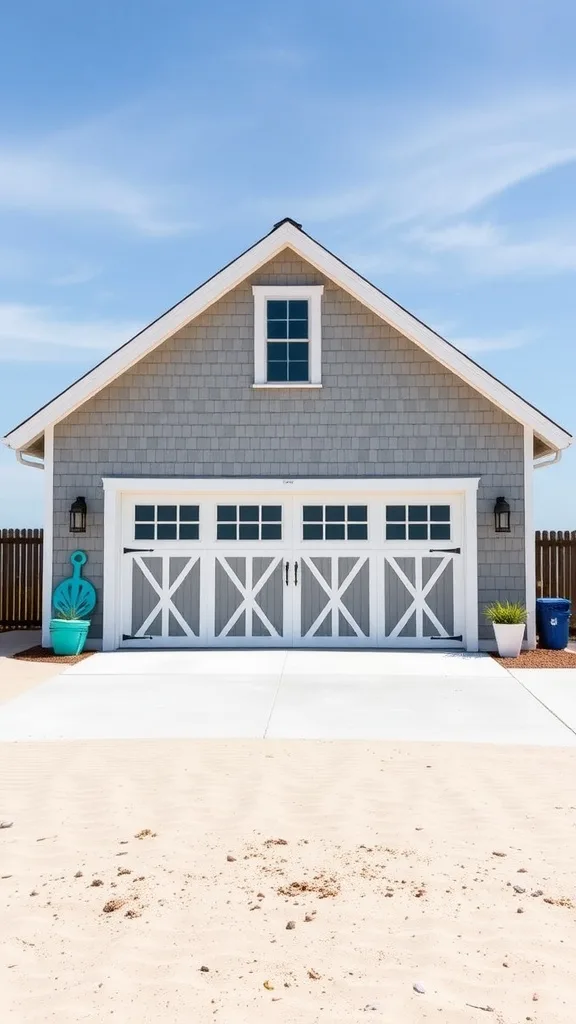 Cape Cod style garage with shingle siding and double doors