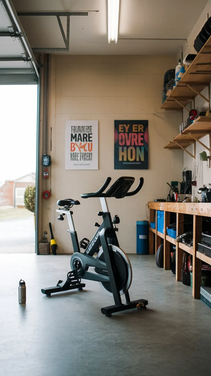 Indoor cycle in a garage setting with posters on the wall and a water bottle on the floor.