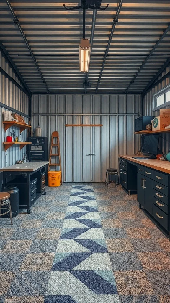 A metal garage building featuring geometric patterned carpet tiles, organized workstations, and a comfortable atmosphere.