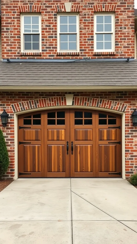 Carriage style garage door on a brick house with large windows