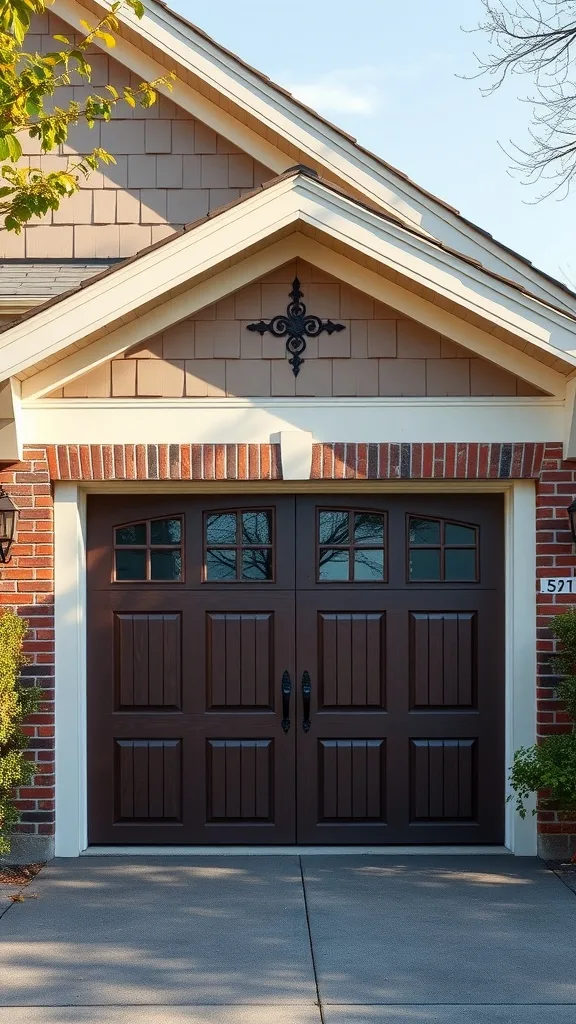 Carriage style garage door with windows and decorative hardware