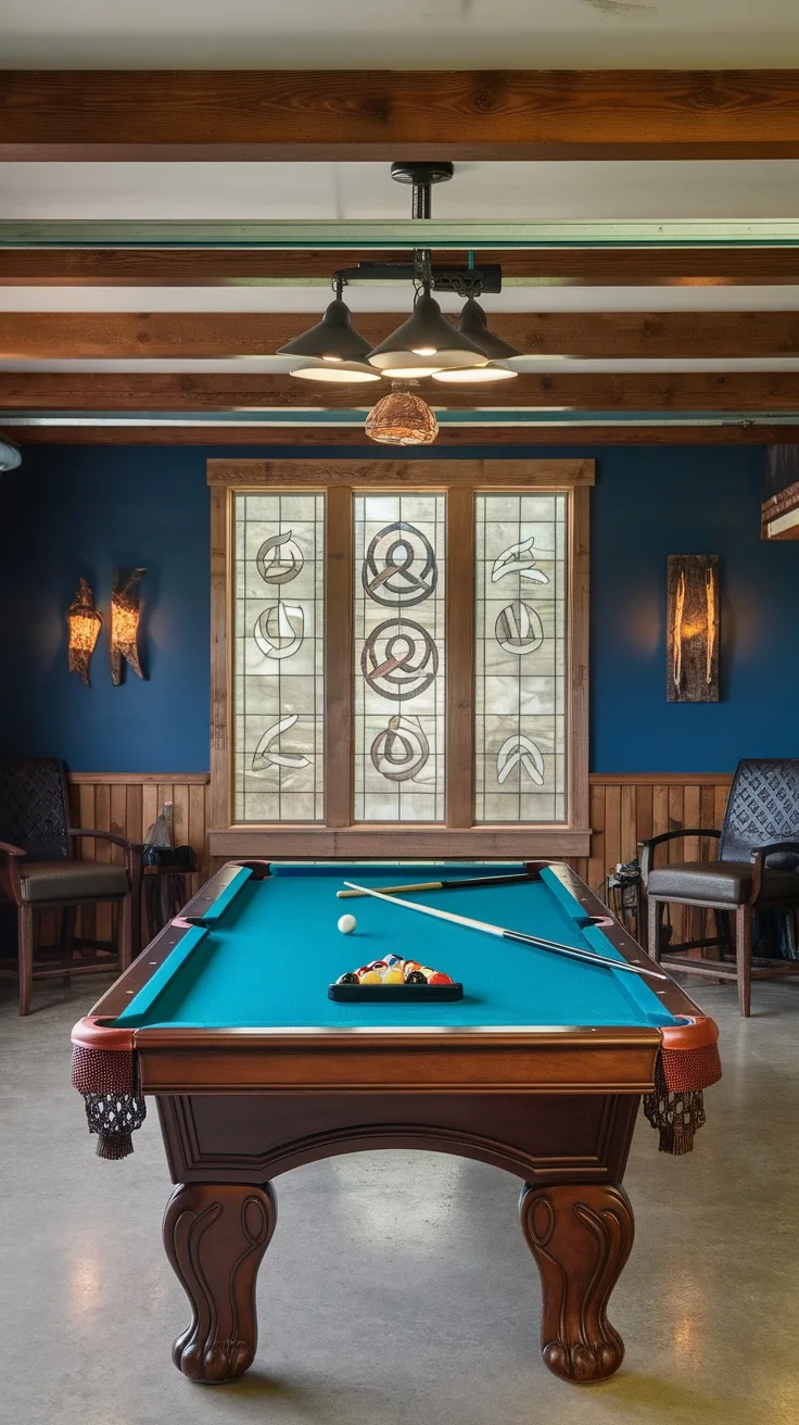 A Celtic-themed game room featuring a pool table, wooden accents, and Celtic wall art