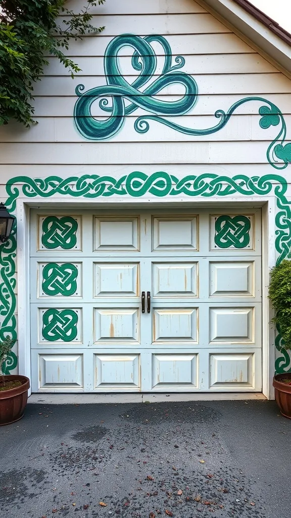 Garage with Celtic knot patterns painted on the walls and door.