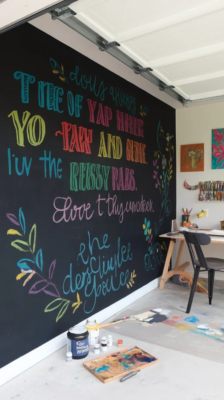 Colorful chalk paint wall in a garage with artistic designs and a workspace