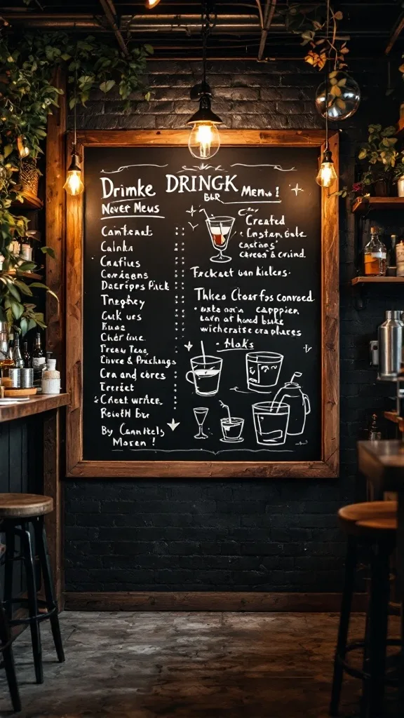 Chalkboard drink menu displayed in a cozy garage bar setting.