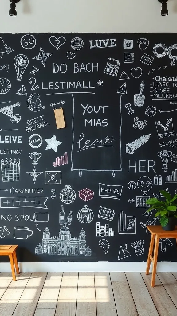 A chalkboard wall filled with doodles and notes, with wooden stools in front.