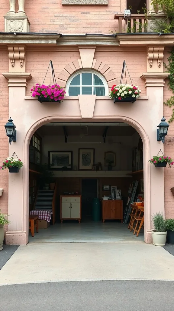 Garage exterior painted in dusty rose color with hanging flower pots