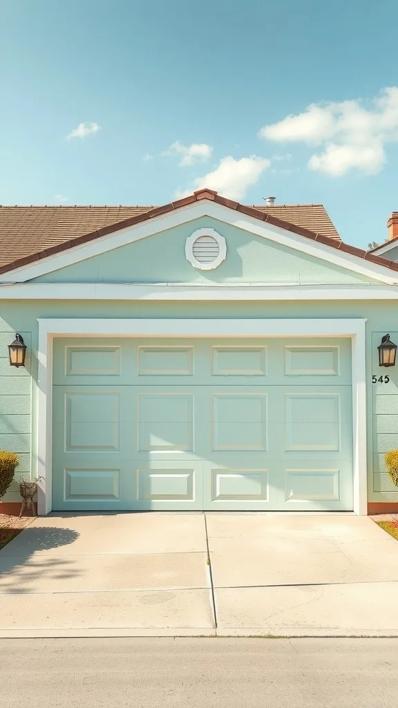 A pastel blue garage door with a simple and charming aesthetic.