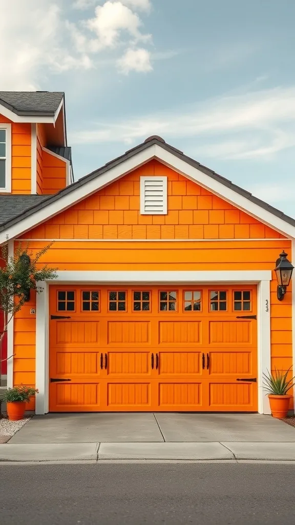 A cheerful tangerine painted garage with a beautiful driveway and potted plants.