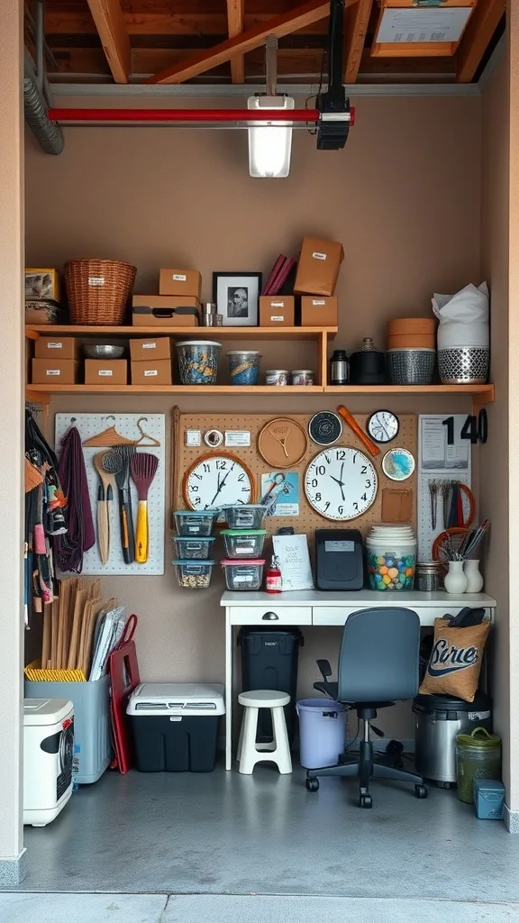 A well-organized garage art studio with shelves, a desk, and crafting supplies.