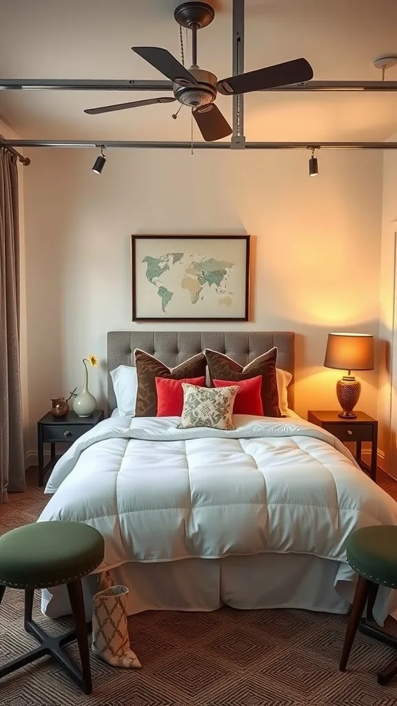 Cozy guest suite featuring a bed with decorative pillows, stylish stool seating, and warm lighting.