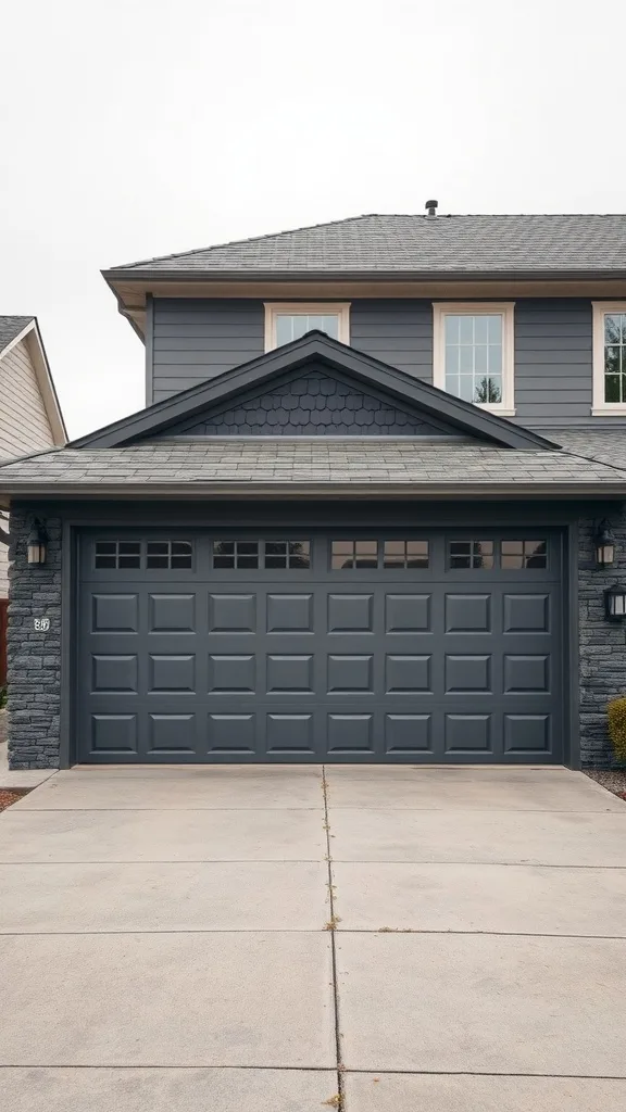 A chic slate gray garage door with a modern design, accompanied by light stone accents and a matching slate gray house exterior.