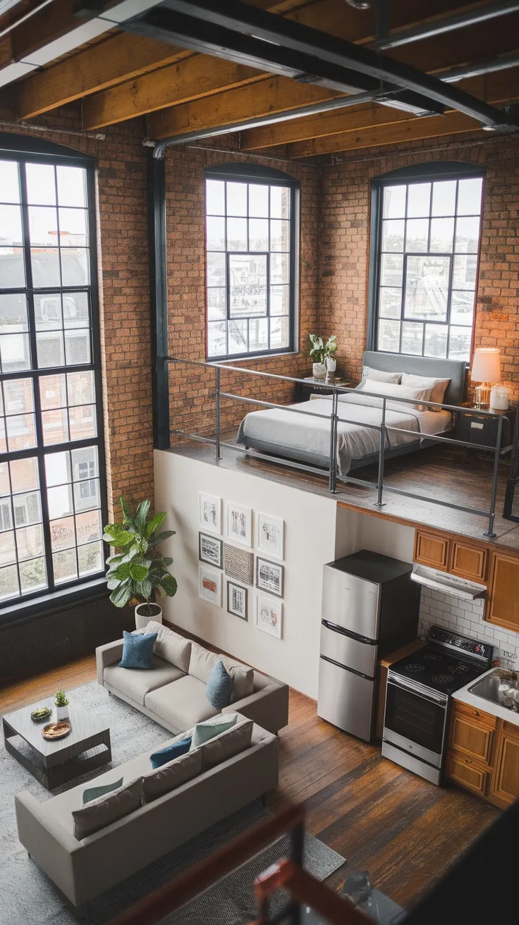 Interior view of a chic urban loft with exposed brick walls and large windows.