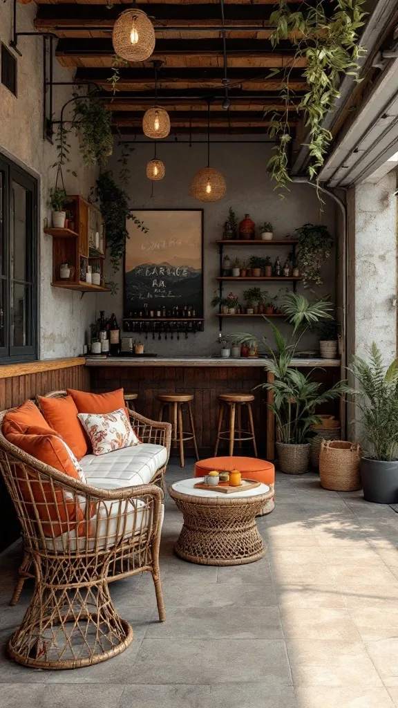 A tropical garage bar seating area with wicker furniture and hanging plants.