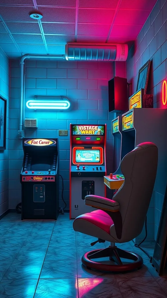 A colorful classic arcade game corner with neon lights and arcade machines.