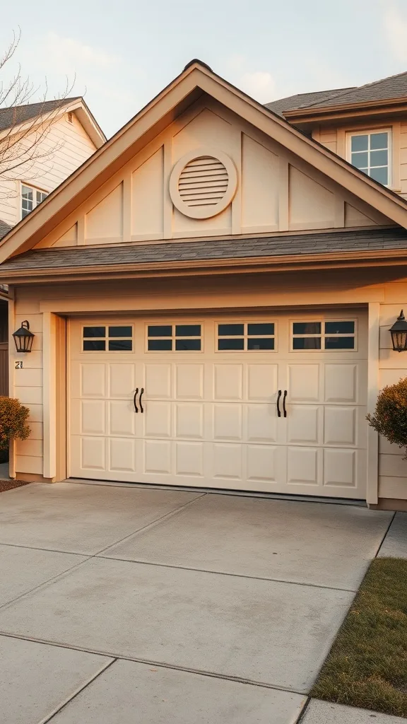 A garage with a classic beige exterior featuring a paneled door and black handles