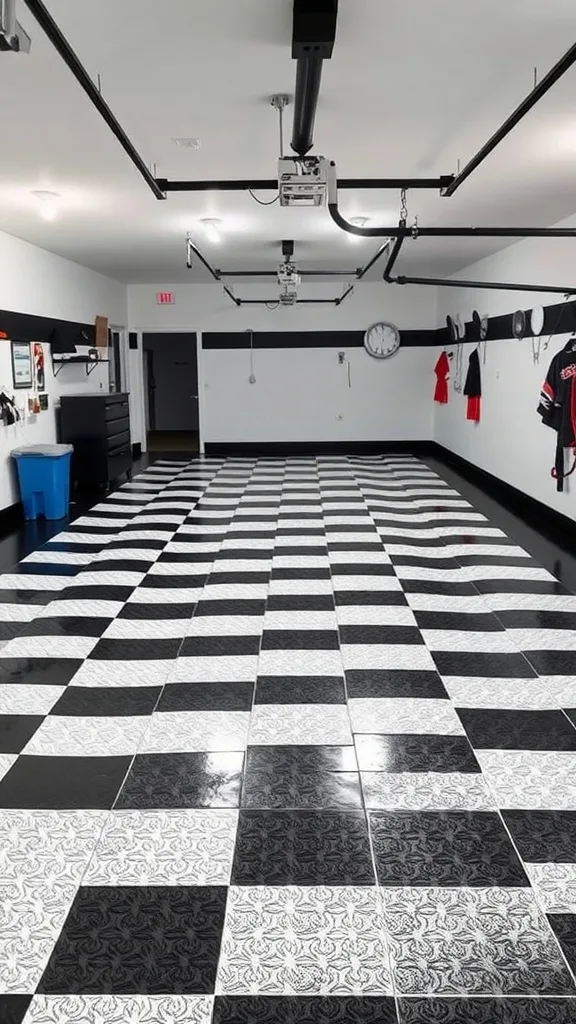 A garage with a classic black and white checkerboard epoxy floor, showcasing alternating glossy tiles.