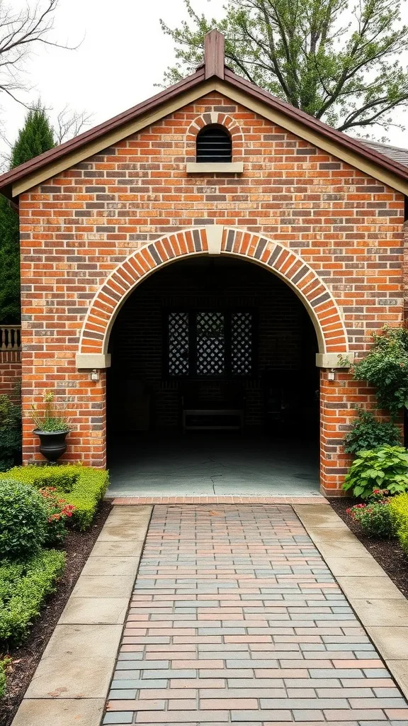 A classic brick garage featuring an arched doorway, surrounded by well-kept landscaping.