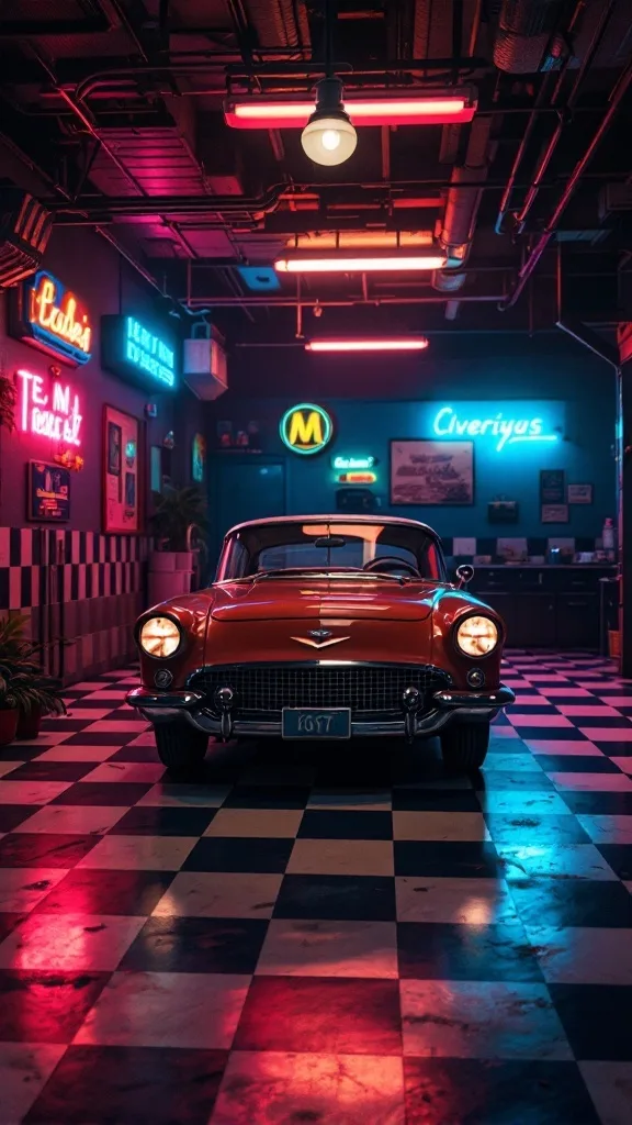 A classic car showcased in a vibrant garage with neon lights and checkered flooring.