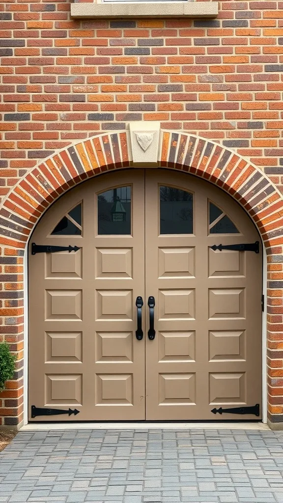 Classic carriage style arched garage door with beige color and black hardware