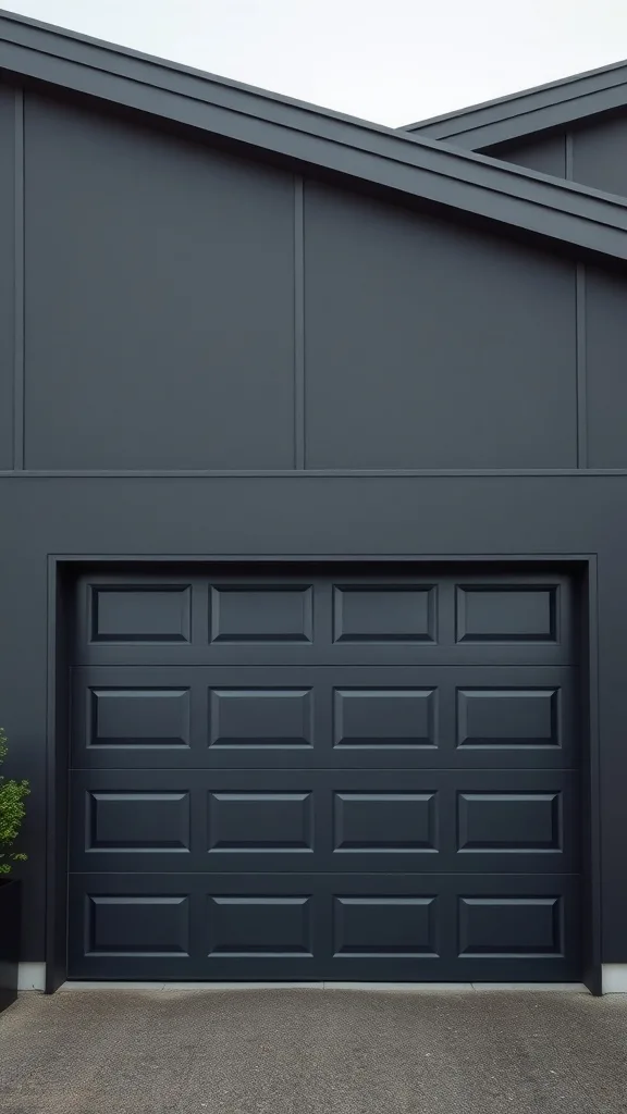 A modern garage door painted in charcoal gray with clean lines and a sleek design.