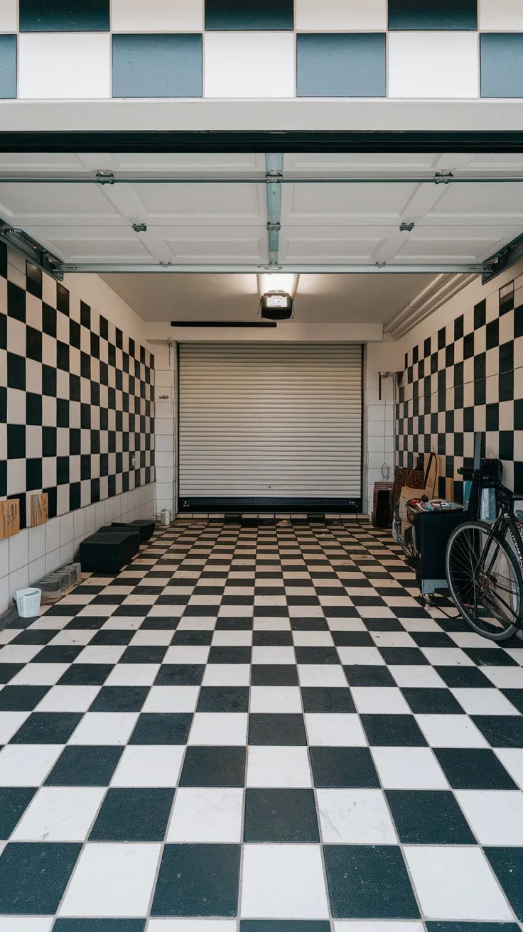 Garage interior with a classic black and white checkerboard ceramic tile floor.