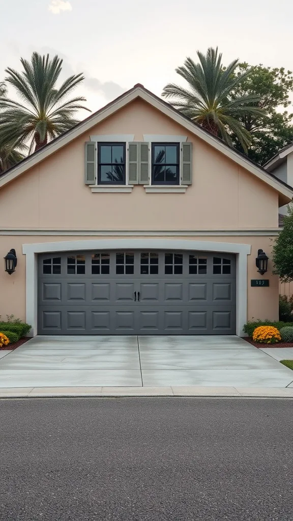 A peach-colored garage with a gray door and green shutters, surrounded by palm trees and flowers.