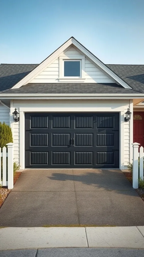 Classic raised panel black garage door with white house siding