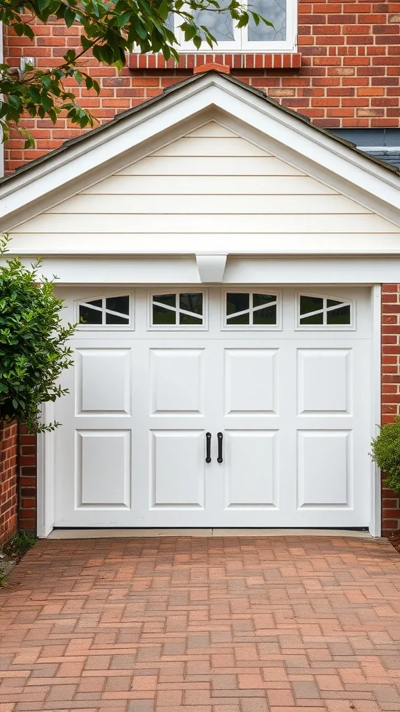 Classic raised panel garage door in white on a brick house