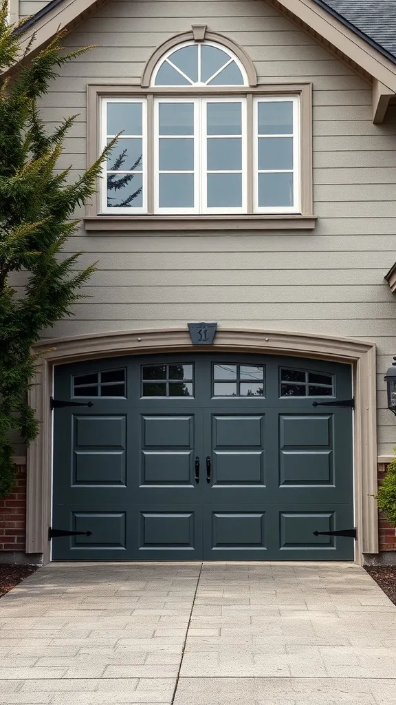 Classic style garage door with modern glass features in deep green color.