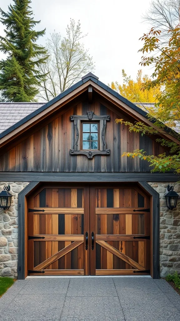 A beautiful wooden barn-style garage door with a stone wall backdrop and rustic design elements.