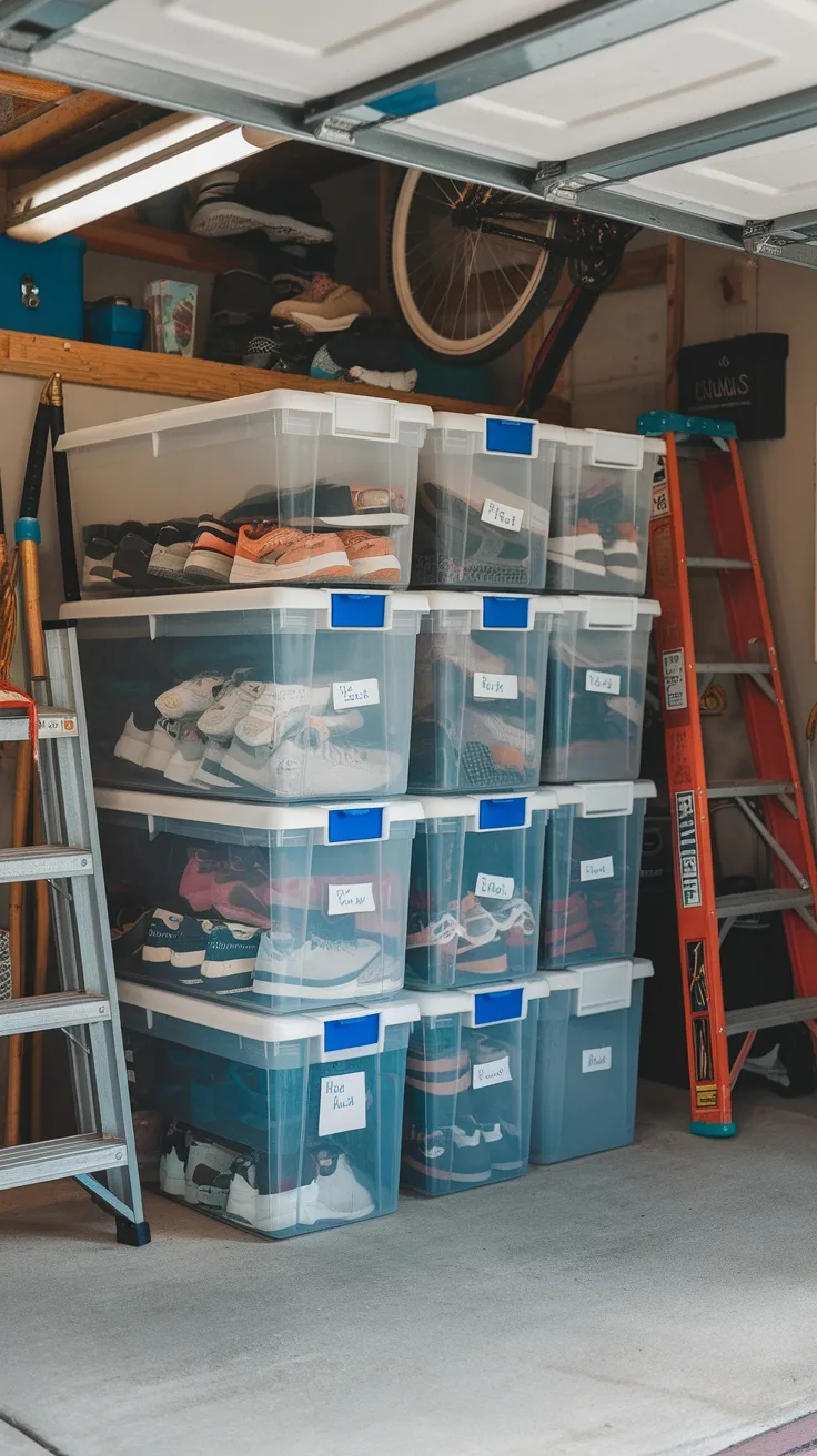 Organized garage with clear storage bins holding various pairs of shoes.