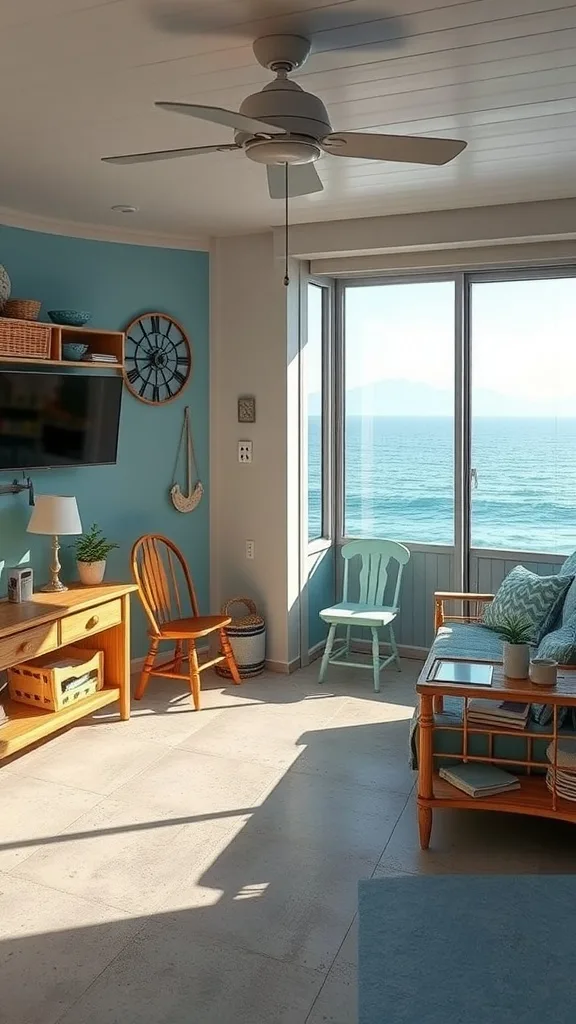 A cozy coastal-inspired interior with ocean views, featuring blue walls, light wood furniture, and comfortable seating.