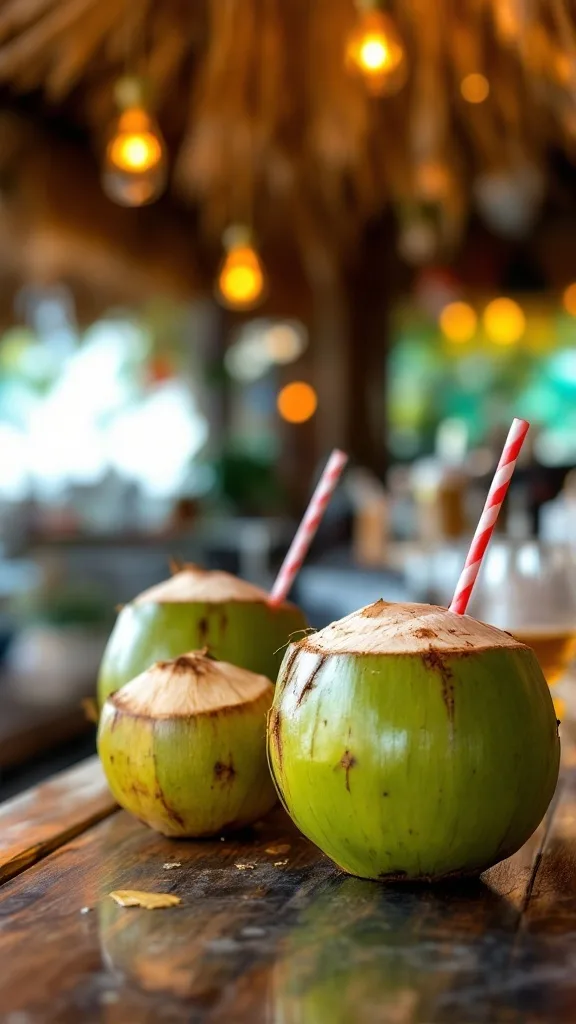 Fresh coconuts with straws on a wooden table, surrounded by warm lighting