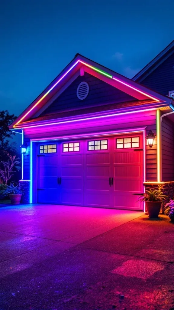 Color-changing LED strip lights illuminating a garage exterior