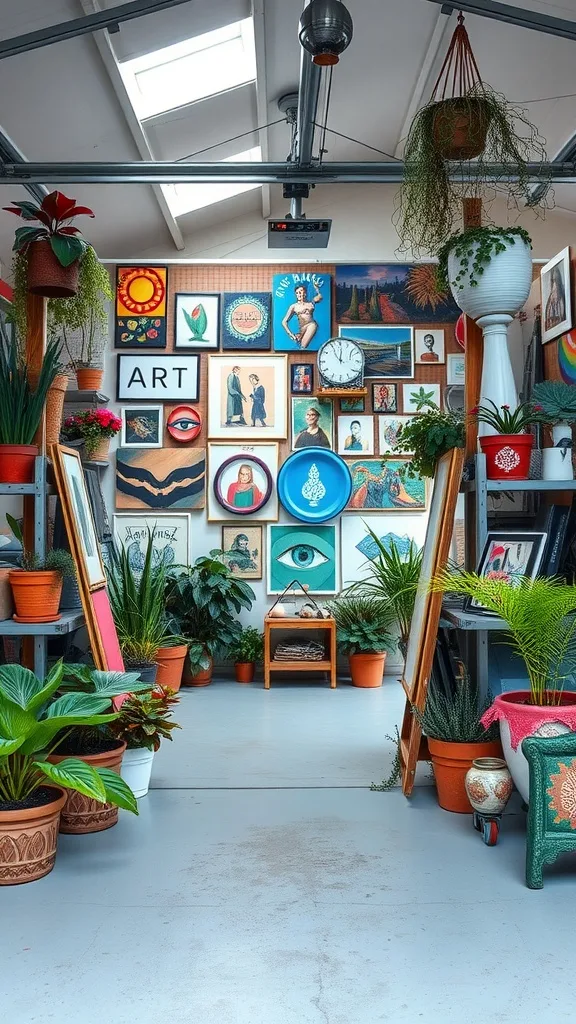 A bohemian-inspired art studio in a garage, featuring colorful wall art, potted plants, and creative decor.